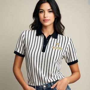 Jennifer Torosian “Overtime” Striped Polo Shirt XS Navy Blue White